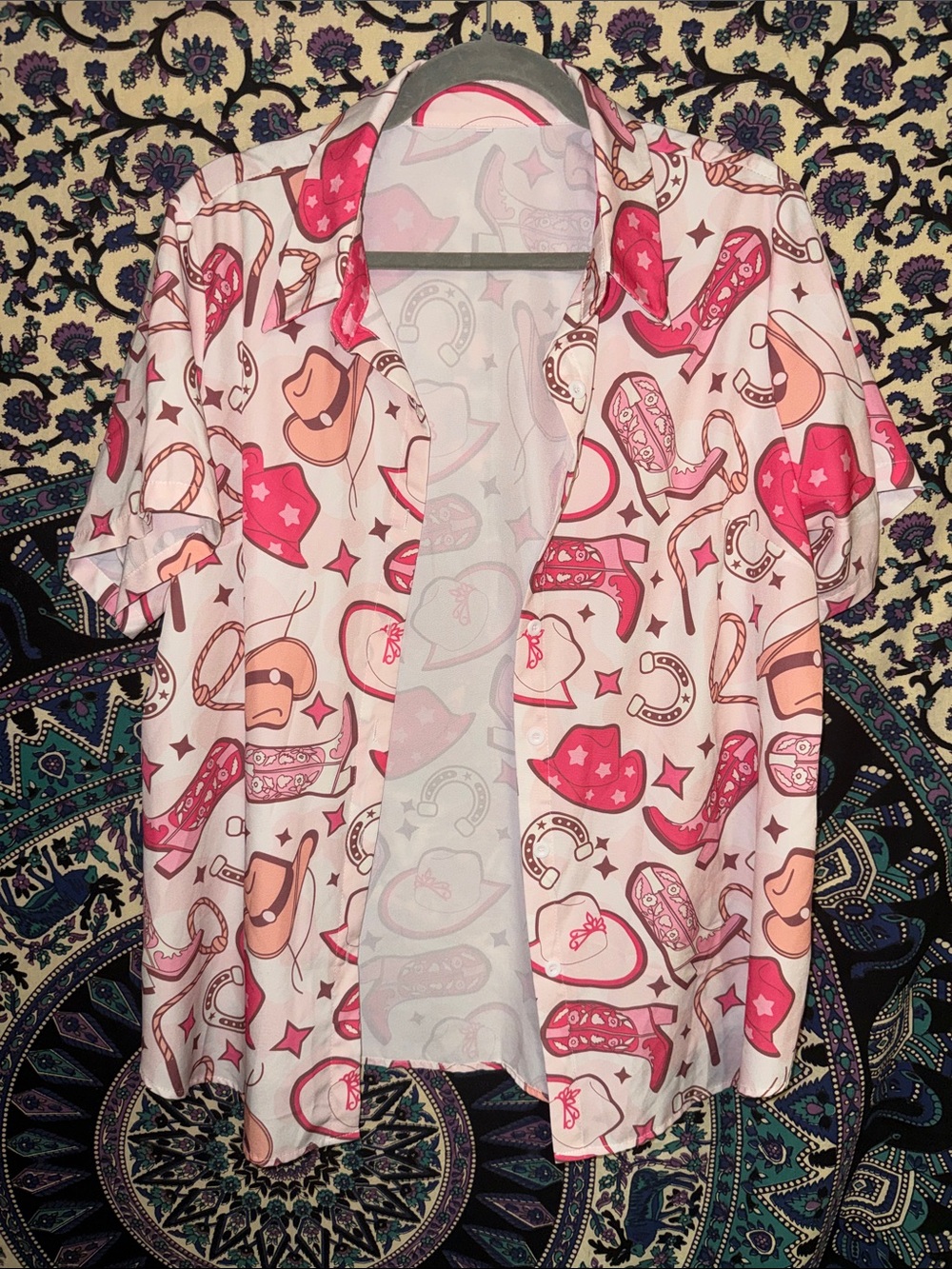 Pink Western Print Short Sleeve Button-Down Shirt Nashville Bachelorette